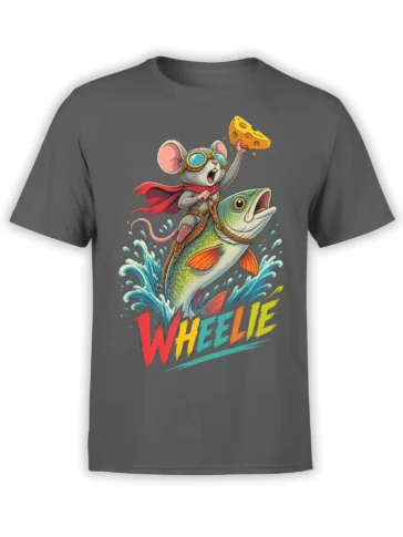 Gray T-shirt with a goggle-wearing mouse riding a leaping fish and holding a wedge of cheese