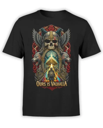 Black Viking T-shirt with winged skull helmet, ravens, wolves, armored warriors, and “Ours Is Valhalla” artwork