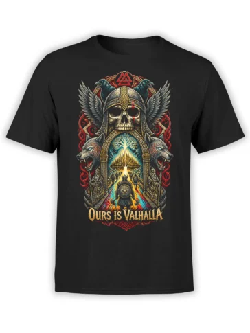Black Viking T-shirt with winged skull helmet, ravens, wolves, armored warriors, and “Ours Is Valhalla” artwork