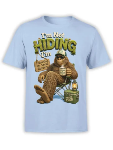 Light blue Bigfoot T-shirt with a relaxed sasquatch, coffee mug, lantern, and no signal camping message