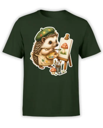 Dark green T-shirt featuring a hedgehog artist in a beret painting a mushroom