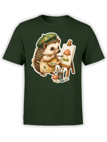 Dark green T-shirt featuring a hedgehog artist in a beret painting a mushroom