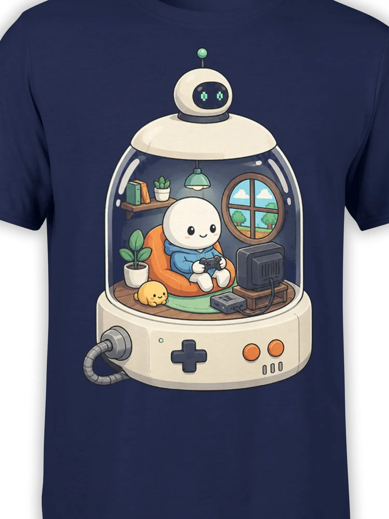 Close-up of a cute robot in a blue hoodie gaming inside a capsule room on a navy T-shirt