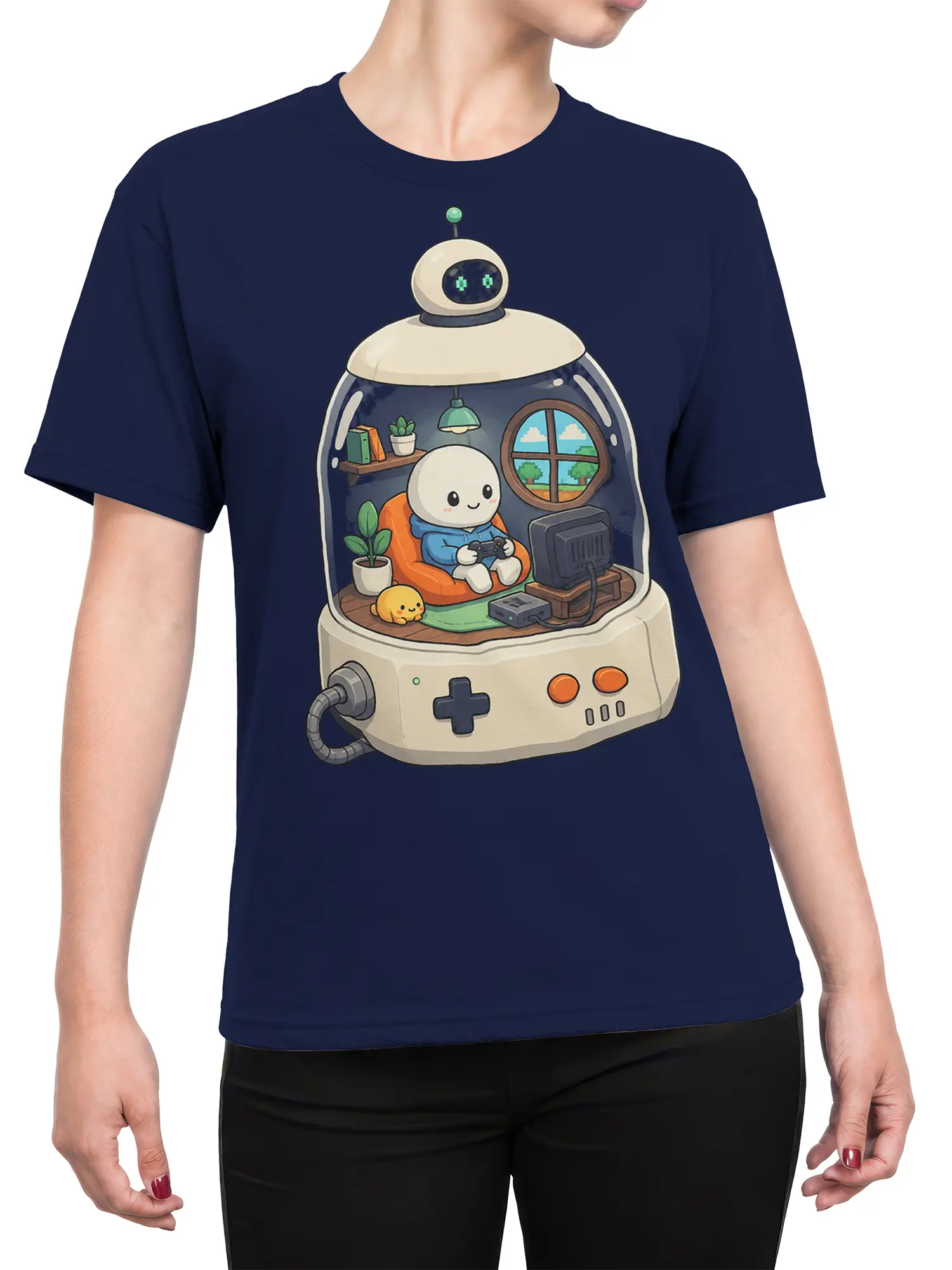 Female torso wearing a navy T-shirt with a cozy robot gaming scene and retro console artwork