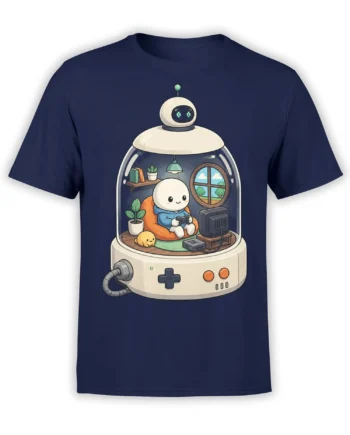 Cozy robot gaming scene with controller and tiny yellow companion on a navy graphic T-shirt