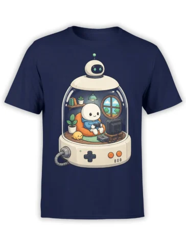 Cozy robot gaming scene with controller and tiny yellow companion on a navy graphic T-shirt