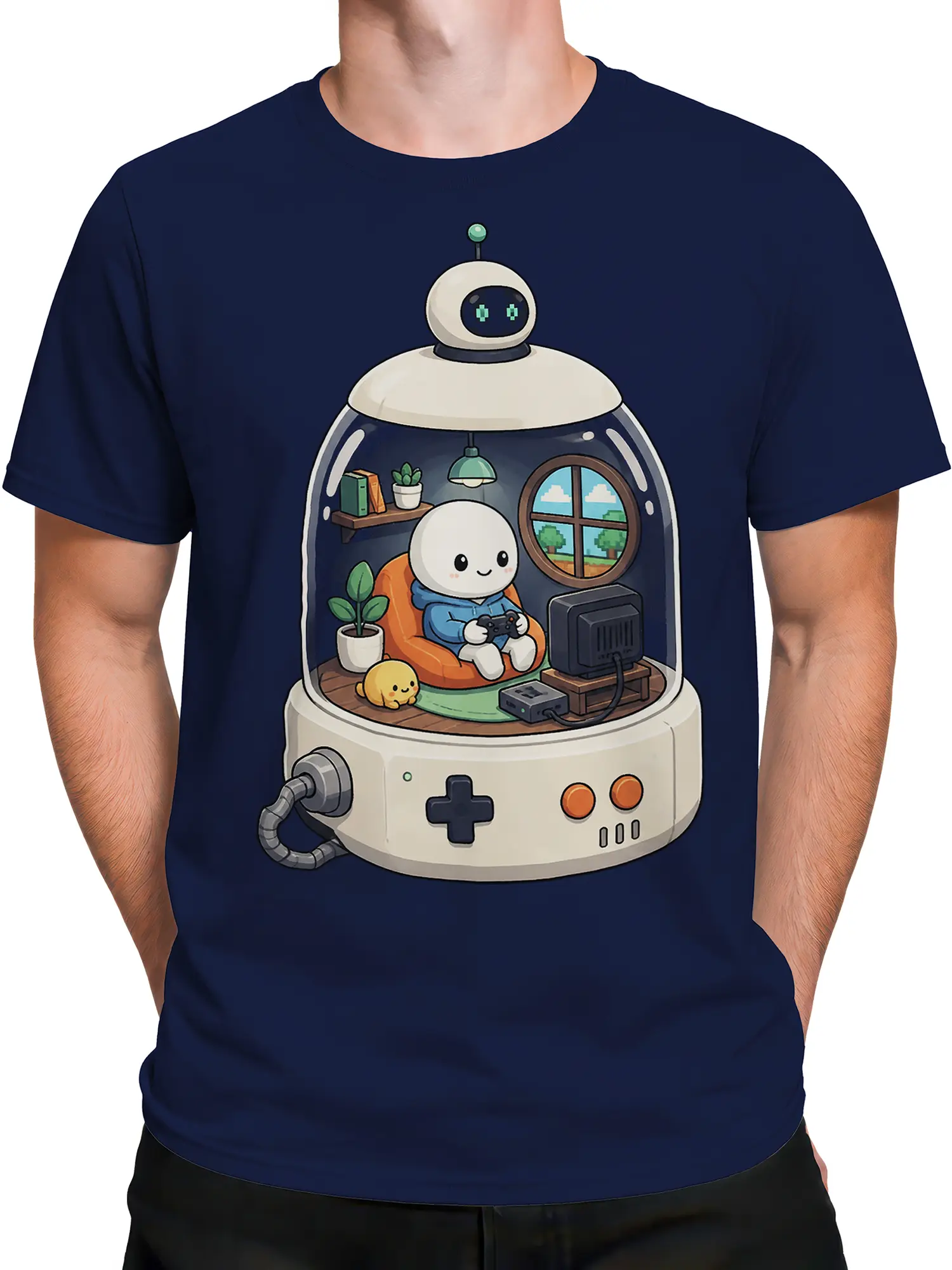 Male torso wearing a navy graphic T-shirt with a cute robot gaming capsule design