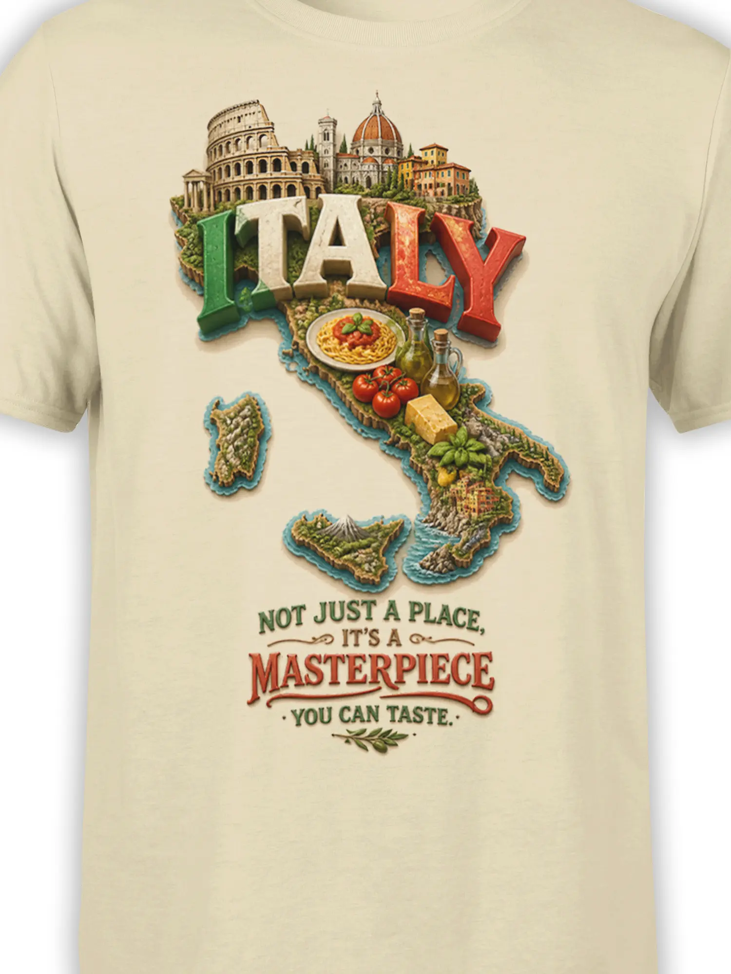 Close-up of Italian map artwork with the Colosseum, cathedral dome, pasta, tomatoes, olive oil, and bold lettering