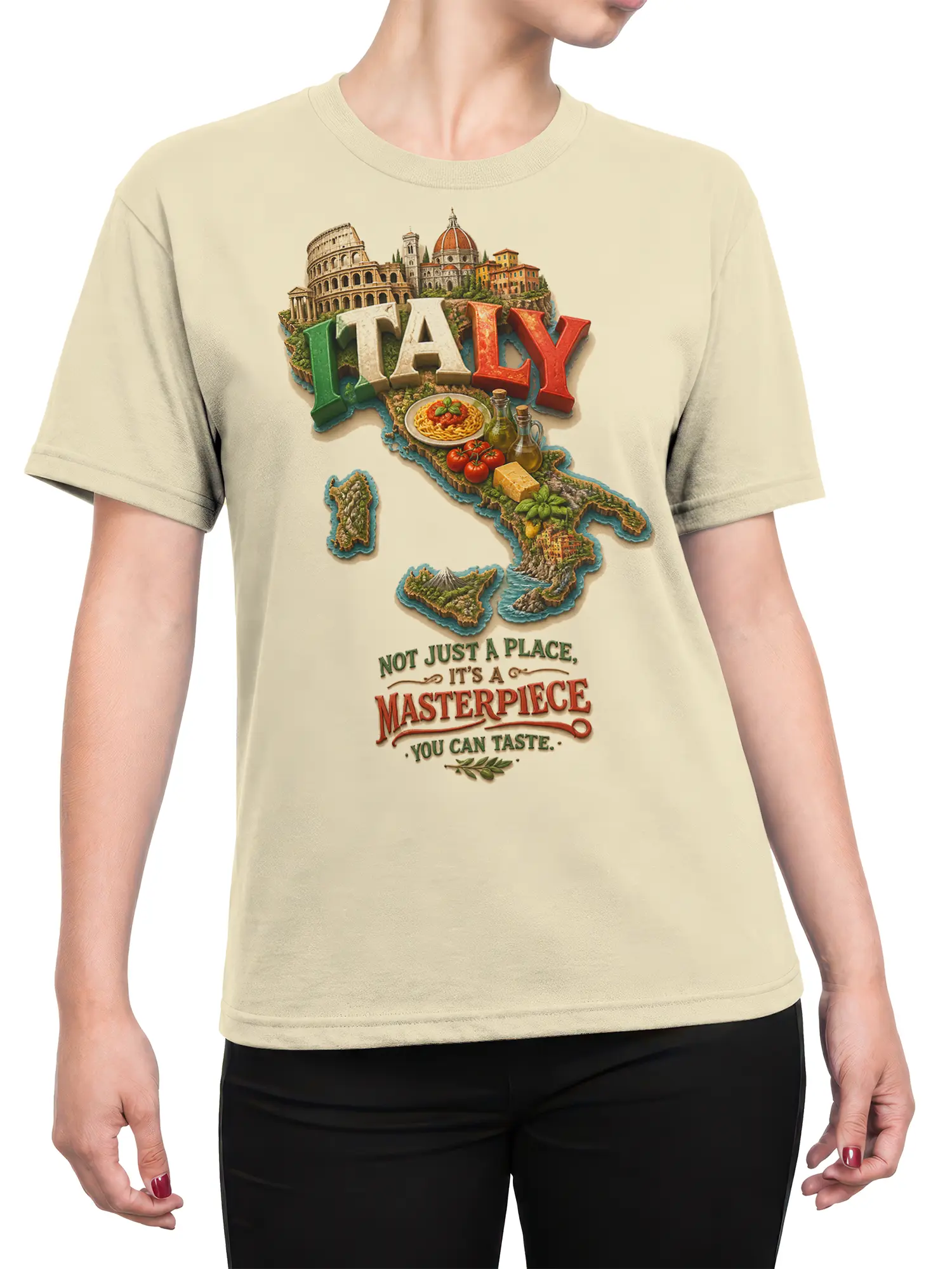Female torso wearing a beige Italian travel shirt with colorful landmarks, food illustrations, and vintage map artwork