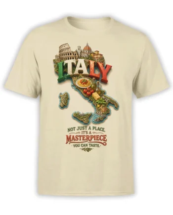 Beige Italian travel T-shirt with an illustrated Italy map, landmarks, pasta, and the phrase “It’s a masterpiece”