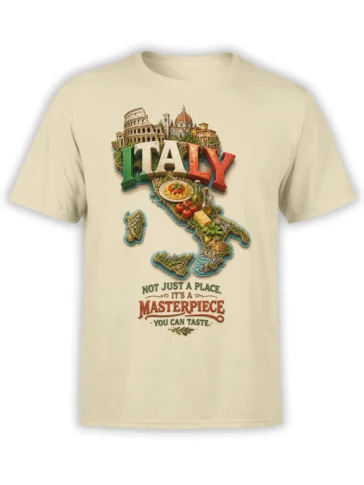 Beige Italian travel T-shirt with an illustrated Italy map, landmarks, pasta, and the phrase “It’s a masterpiece”