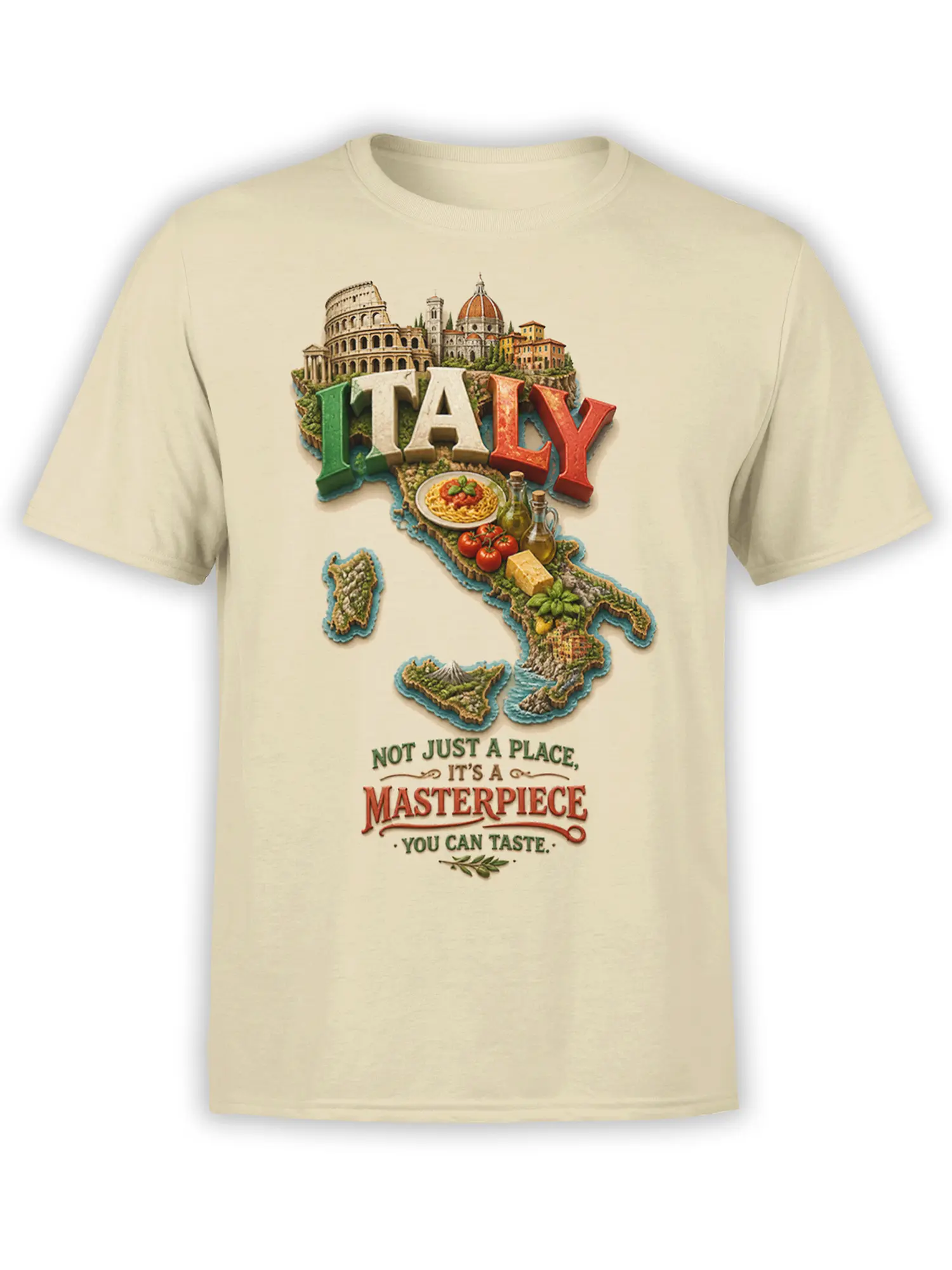Beige Italian travel T-shirt with an illustrated Italy map, landmarks, pasta, and the phrase “It’s a masterpiece”