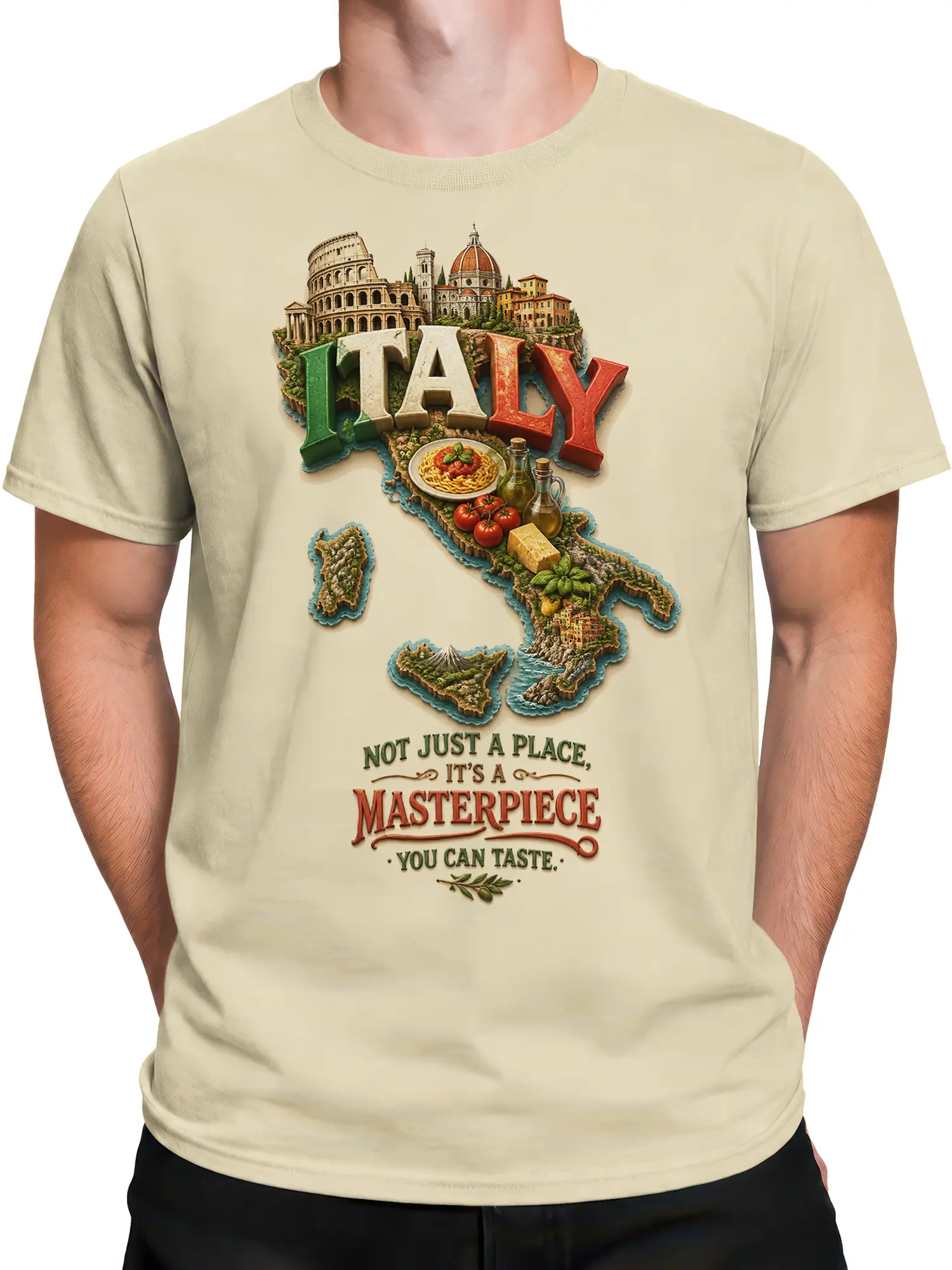 Male torso wearing a beige Italian graphic tee with an illustrated map, famous landmarks, pasta, and food details