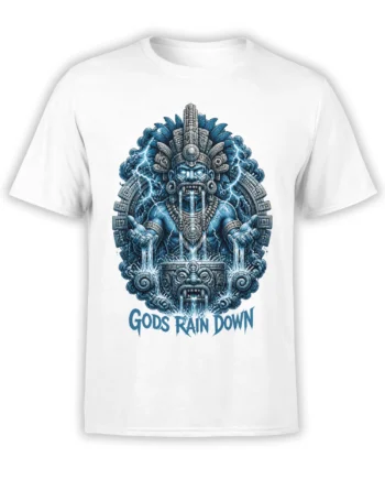 White T-shirt with blue rain deity, lightning, flowing water, and "GODS RAIN DOWN" graphic