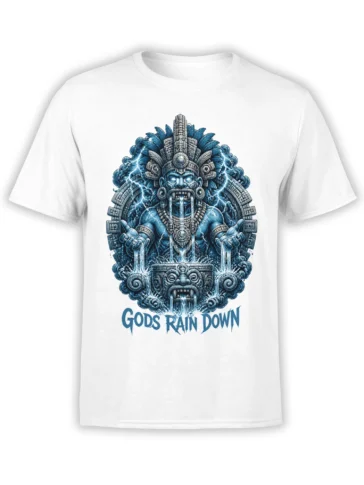White T-shirt with blue rain deity, lightning, flowing water, and "GODS RAIN DOWN" graphic