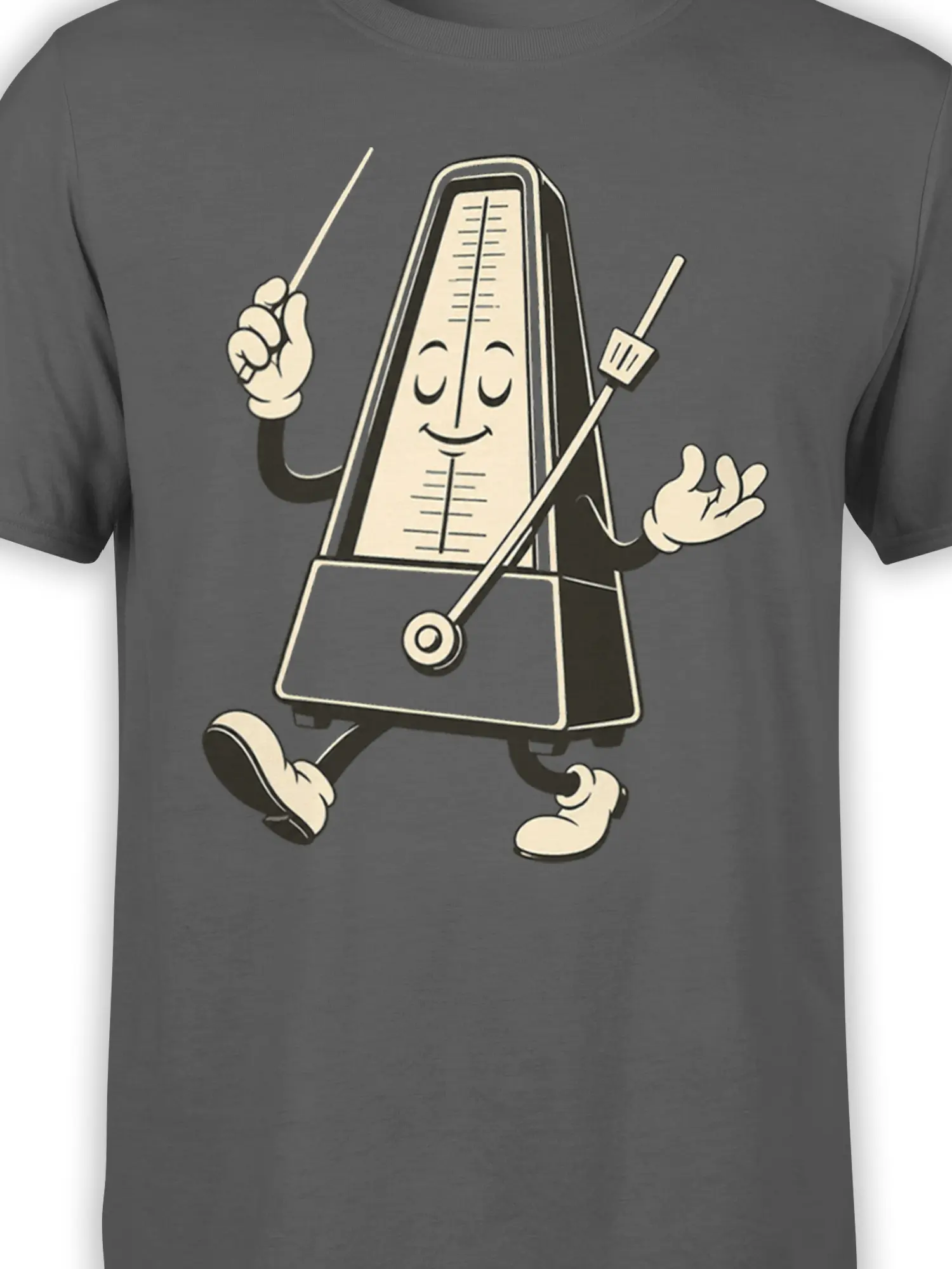 Close-up of a smiling metronome character conducting on a gray graphic T-shirt