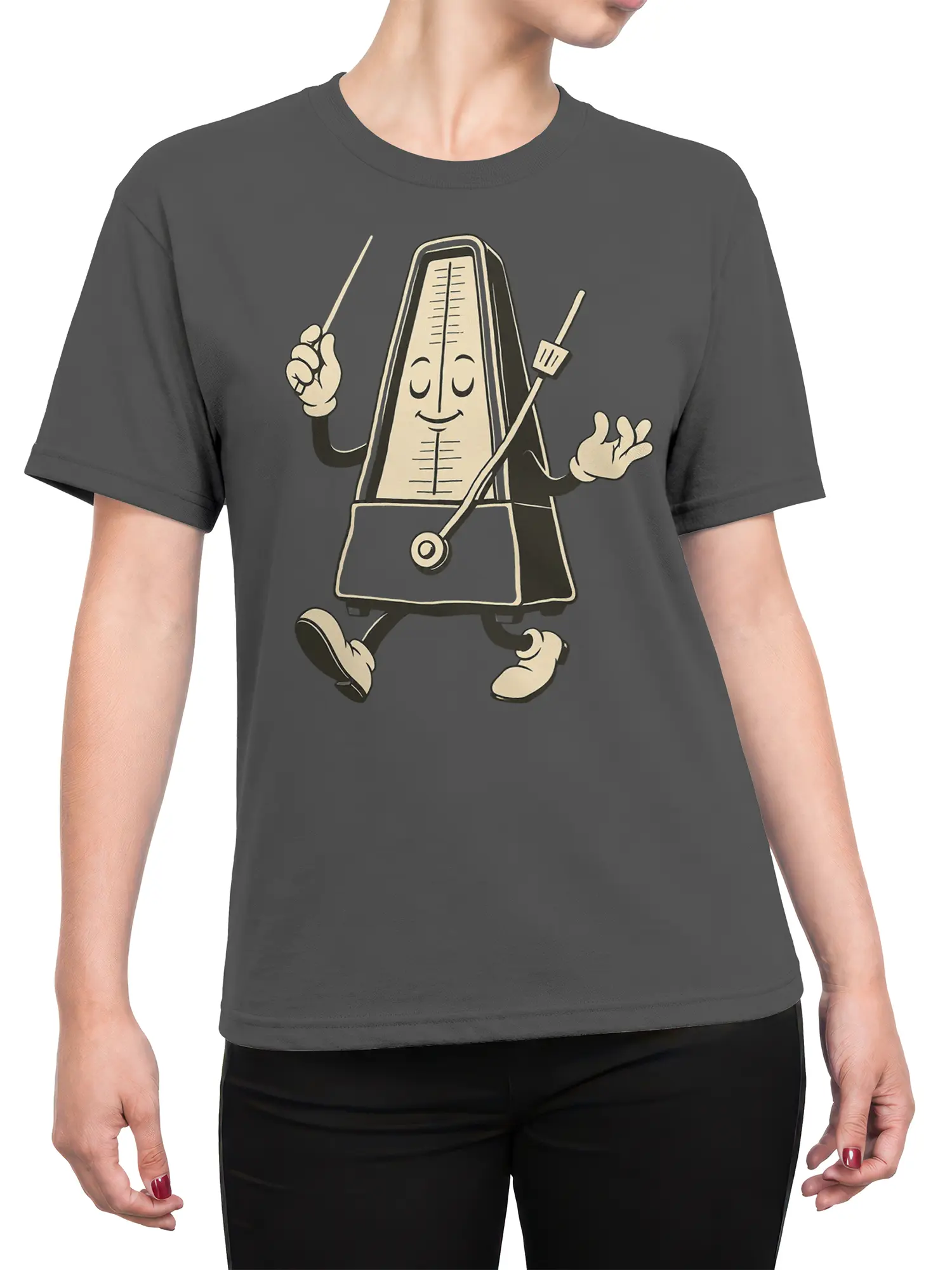 Female torso wearing a gray T-shirt with a smiling conducting metronome graphic