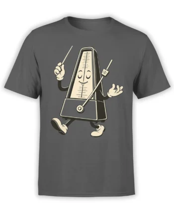 Smiling anthropomorphic metronome conducting with rods on a dark gray T-shirt
