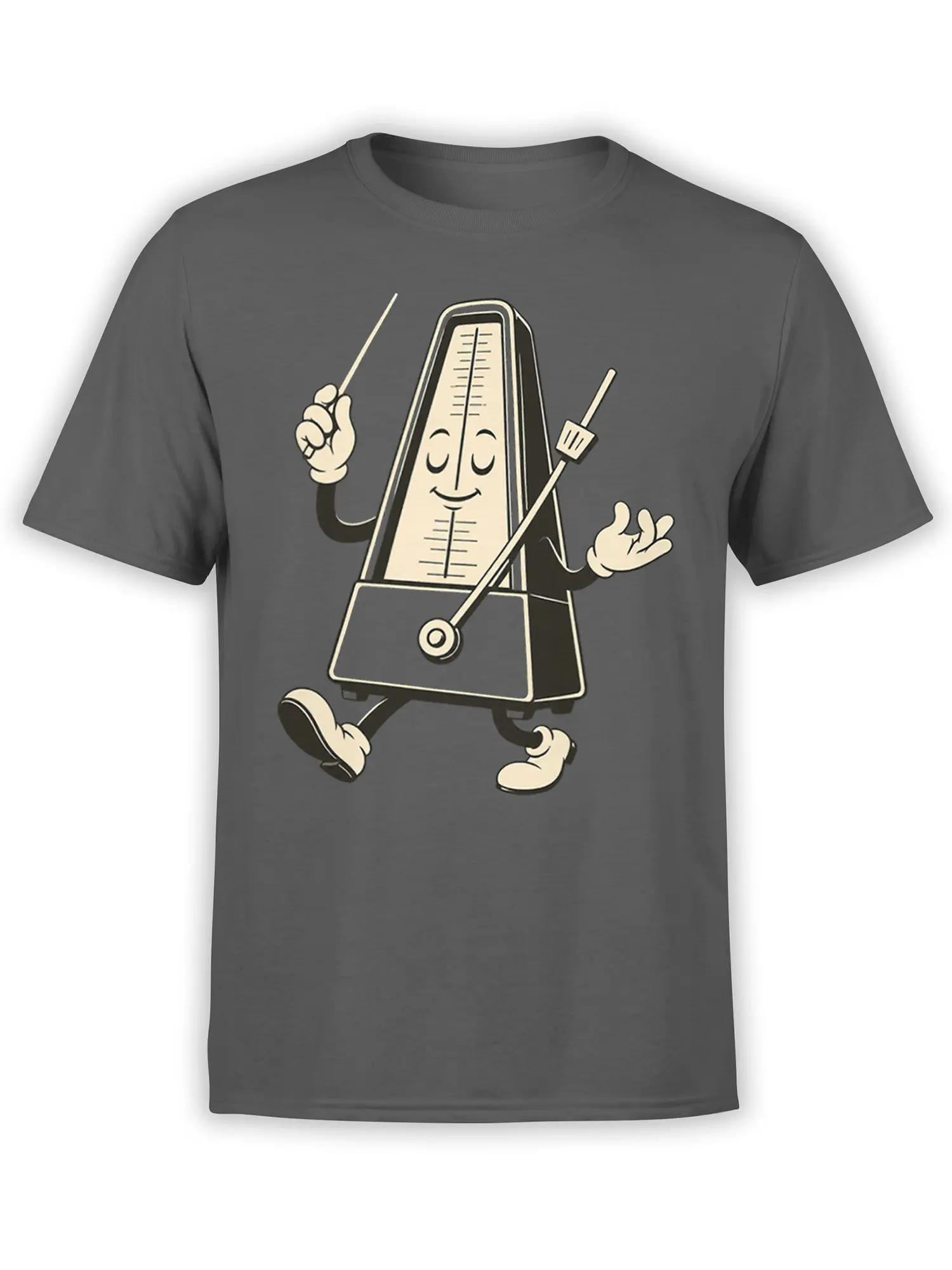Smiling anthropomorphic metronome conducting with rods on a dark gray T-shirt