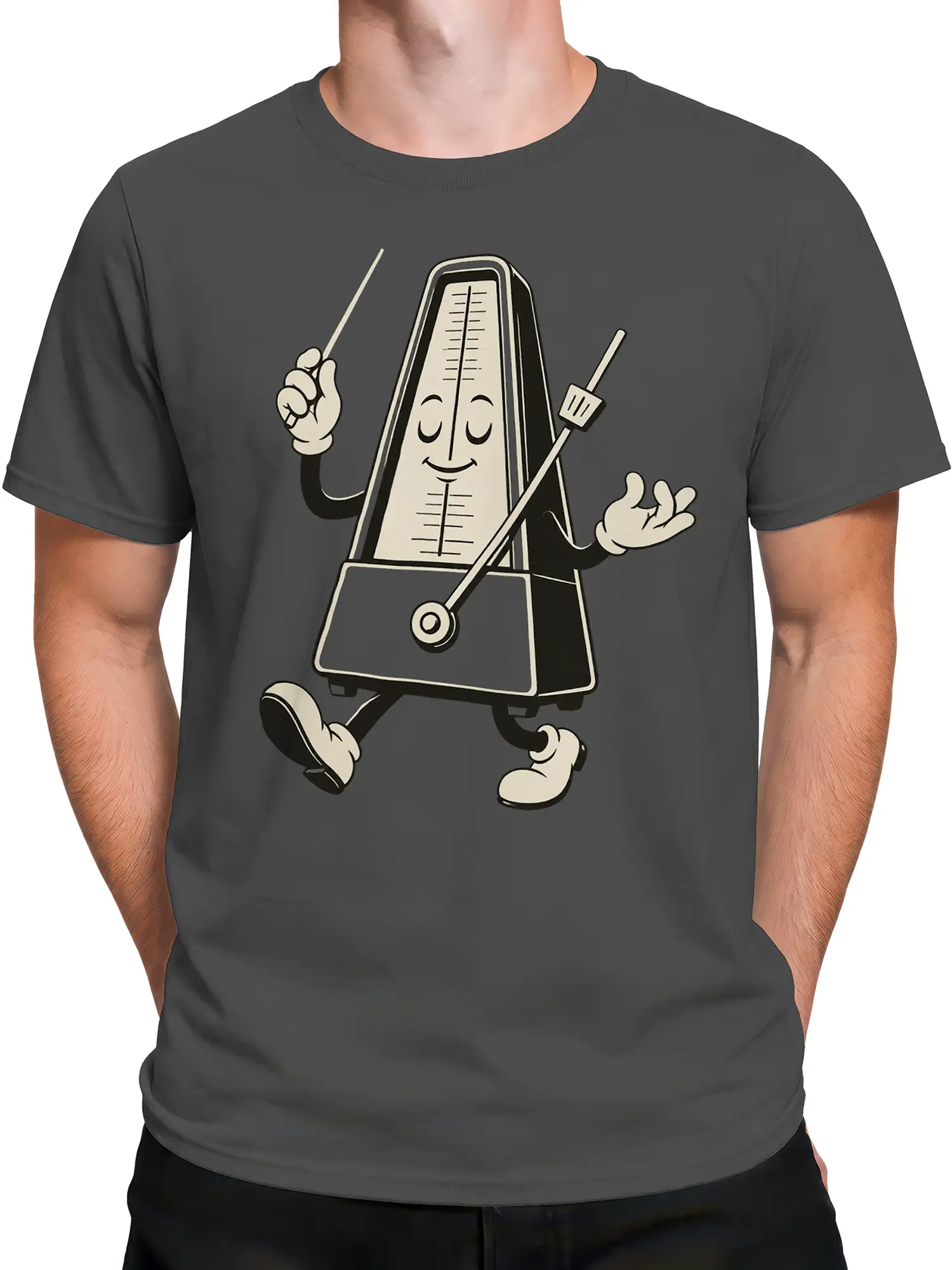 Male torso wearing a gray T-shirt with an anthropomorphic metronome design