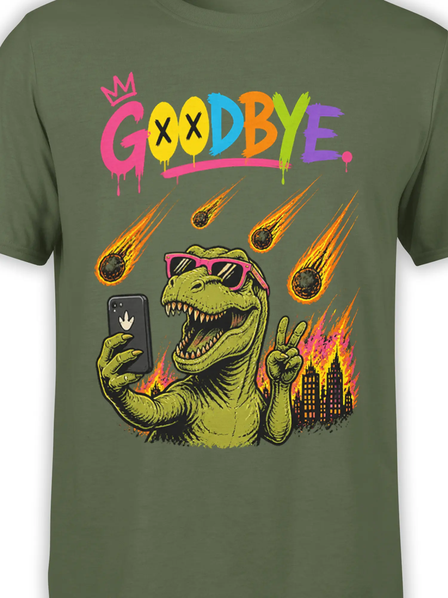 Close-up of green dinosaur T-shirt design with sunglasses, smartphone, peace sign, meteors, and colorful GOODBYE text