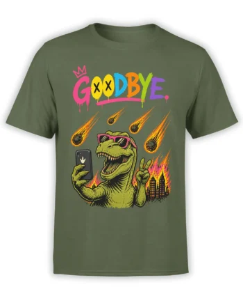 Green dinosaur graphic tee with pink sunglasses, selfie phone, falling meteors, burning city, and GOODBYE text