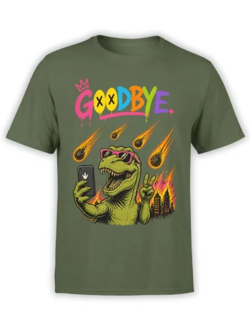 Green dinosaur graphic tee with pink sunglasses, selfie phone, falling meteors, burning city, and GOODBYE text