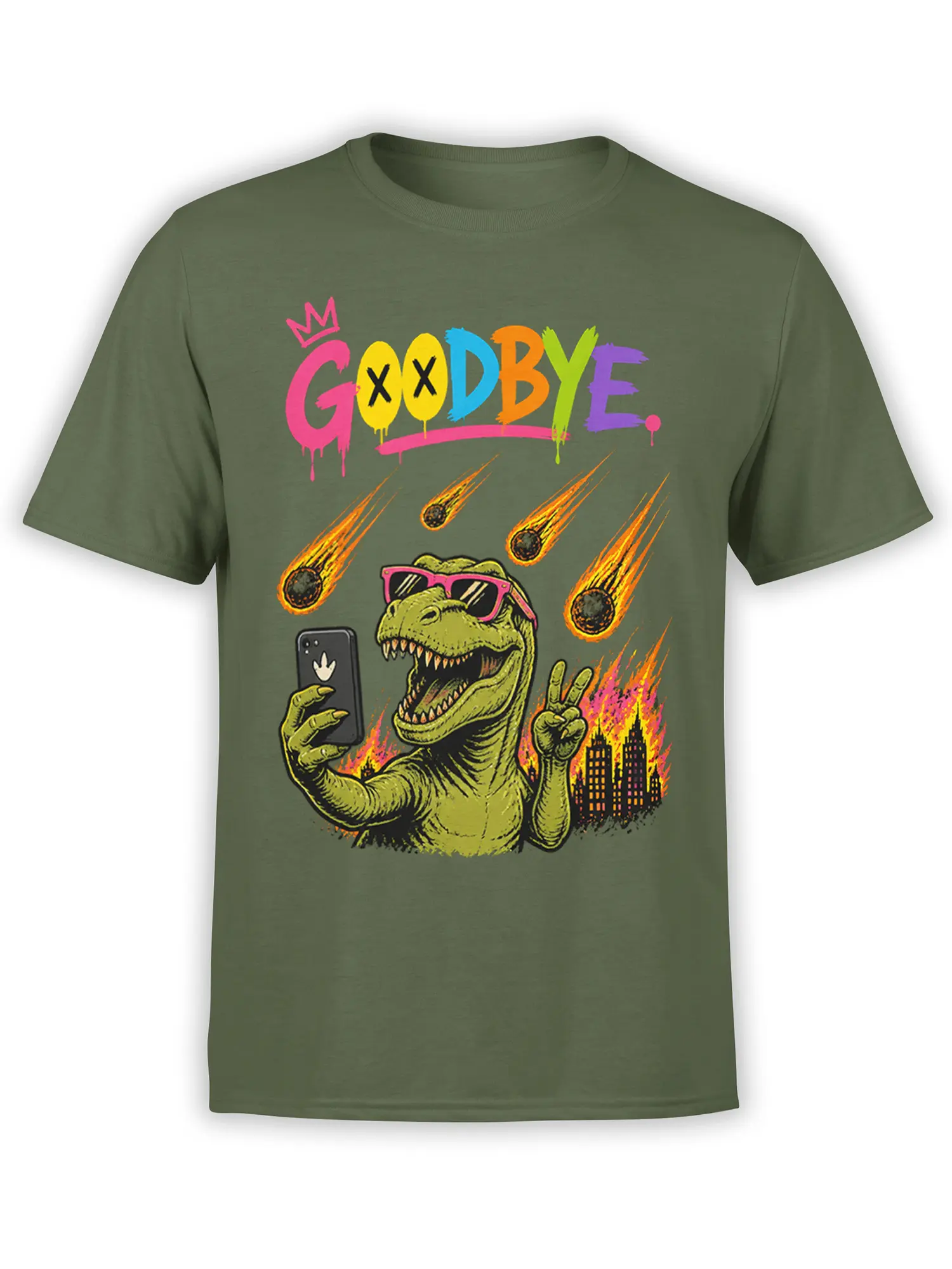 Green dinosaur graphic tee with pink sunglasses, selfie phone, falling meteors, burning city, and GOODBYE text