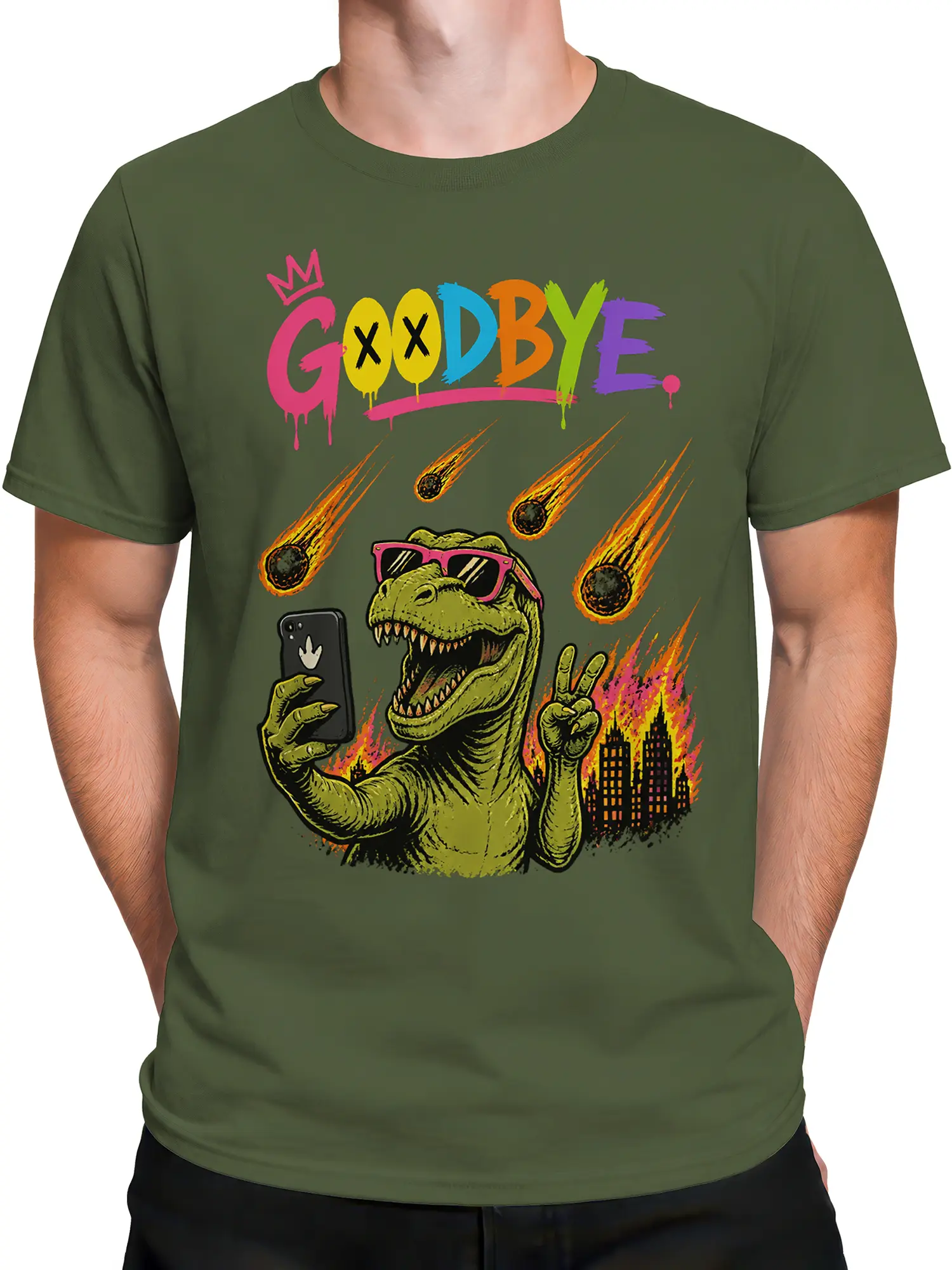 Male torso wearing a green dinosaur T-shirt with pink sunglasses, falling meteors, and colorful GOODBYE artwork
