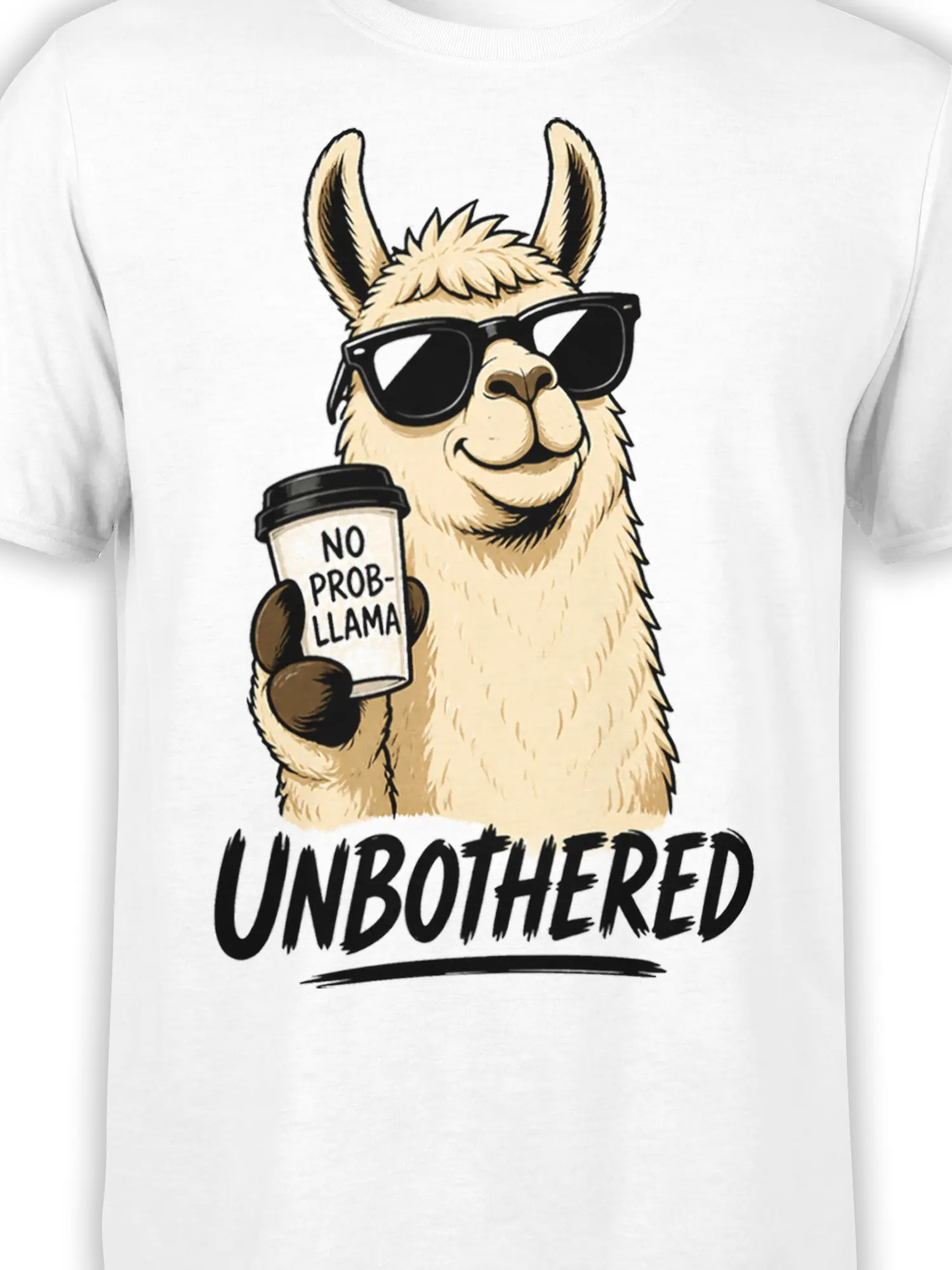 Close-up of the unbothered llama graphic with sunglasses, coffee cup, and bold lettering on a white T-shirt