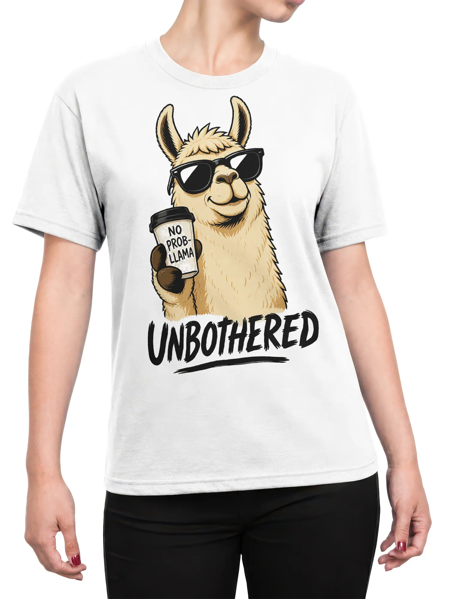 Female torso wearing a white llama graphic tee with sunglasses, coffee humor, and UNBOTHERED lettering