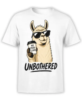 White T-shirt with a sunglasses-wearing llama holding a coffee cup and the word UNBOTHERED