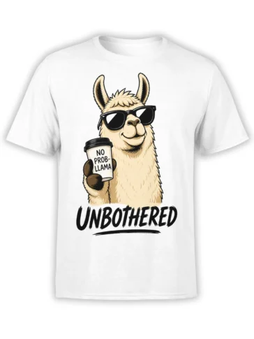 White T-shirt with a sunglasses-wearing llama holding a coffee cup and the word UNBOTHERED