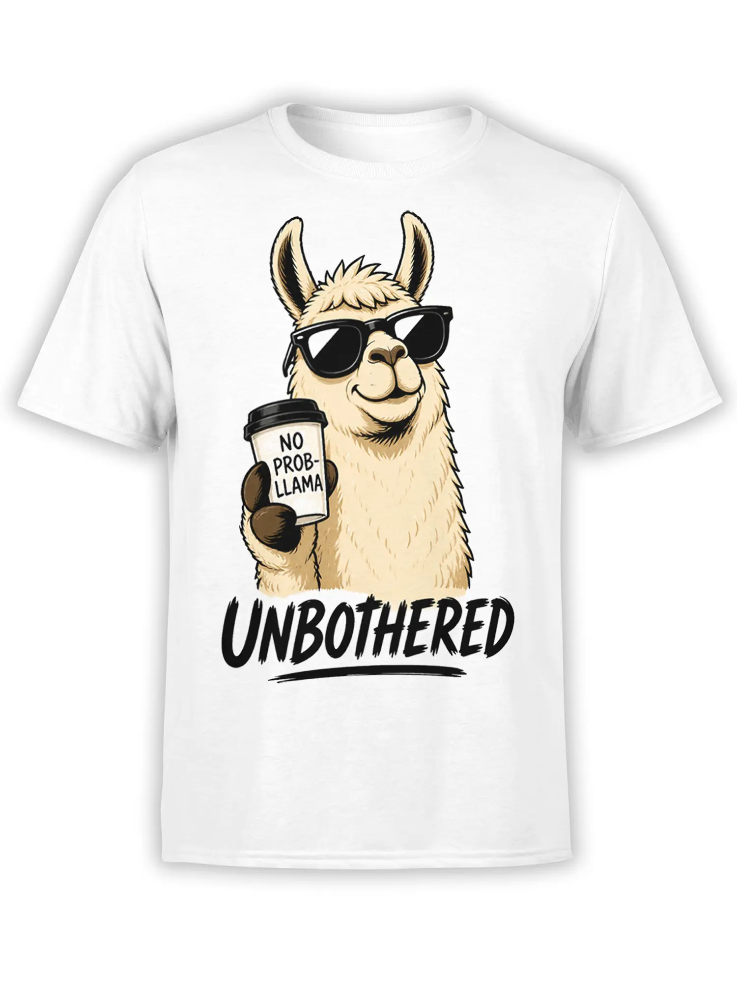 White T-shirt with a sunglasses-wearing llama holding a coffee cup and the word UNBOTHERED