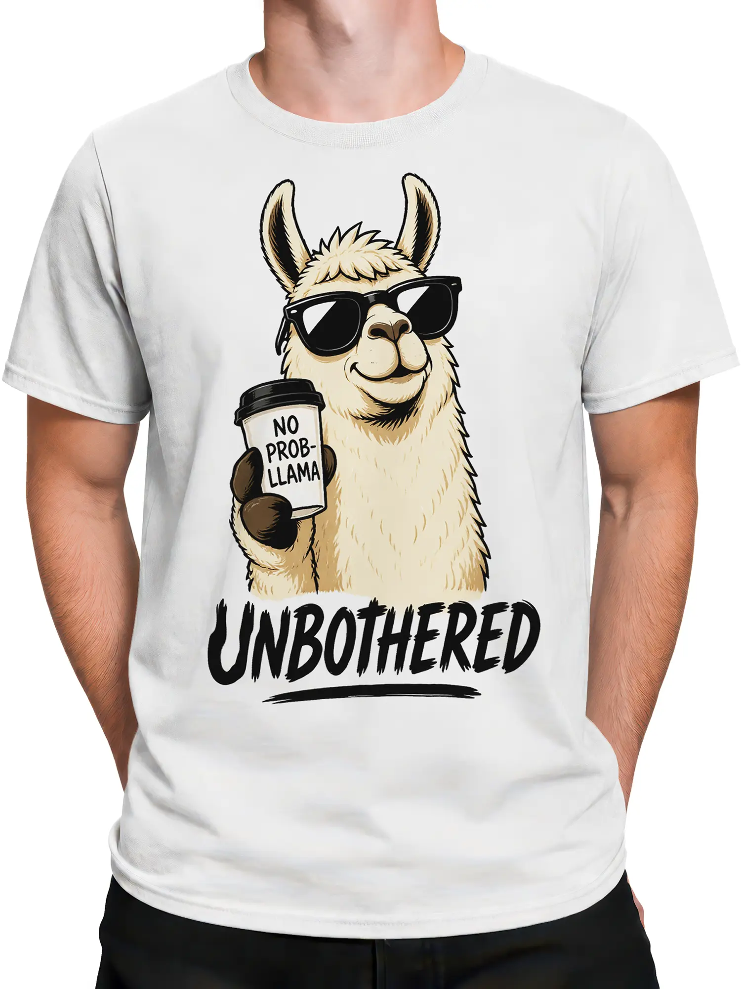 Male torso wearing a white unbothered llama tee with a coffee cup and oversized black sunglasses