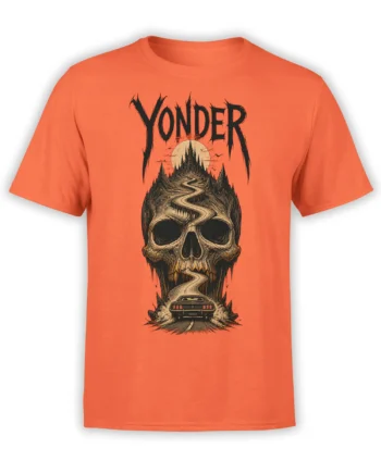 Orange T-shirt with gothic skull, moonlit castle, winding road, vintage car, and YONDER lettering