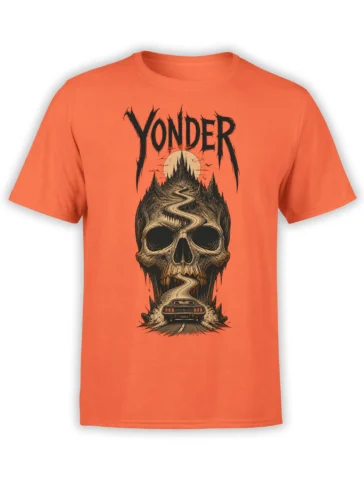 Orange T-shirt with gothic skull, moonlit castle, winding road, vintage car, and YONDER lettering