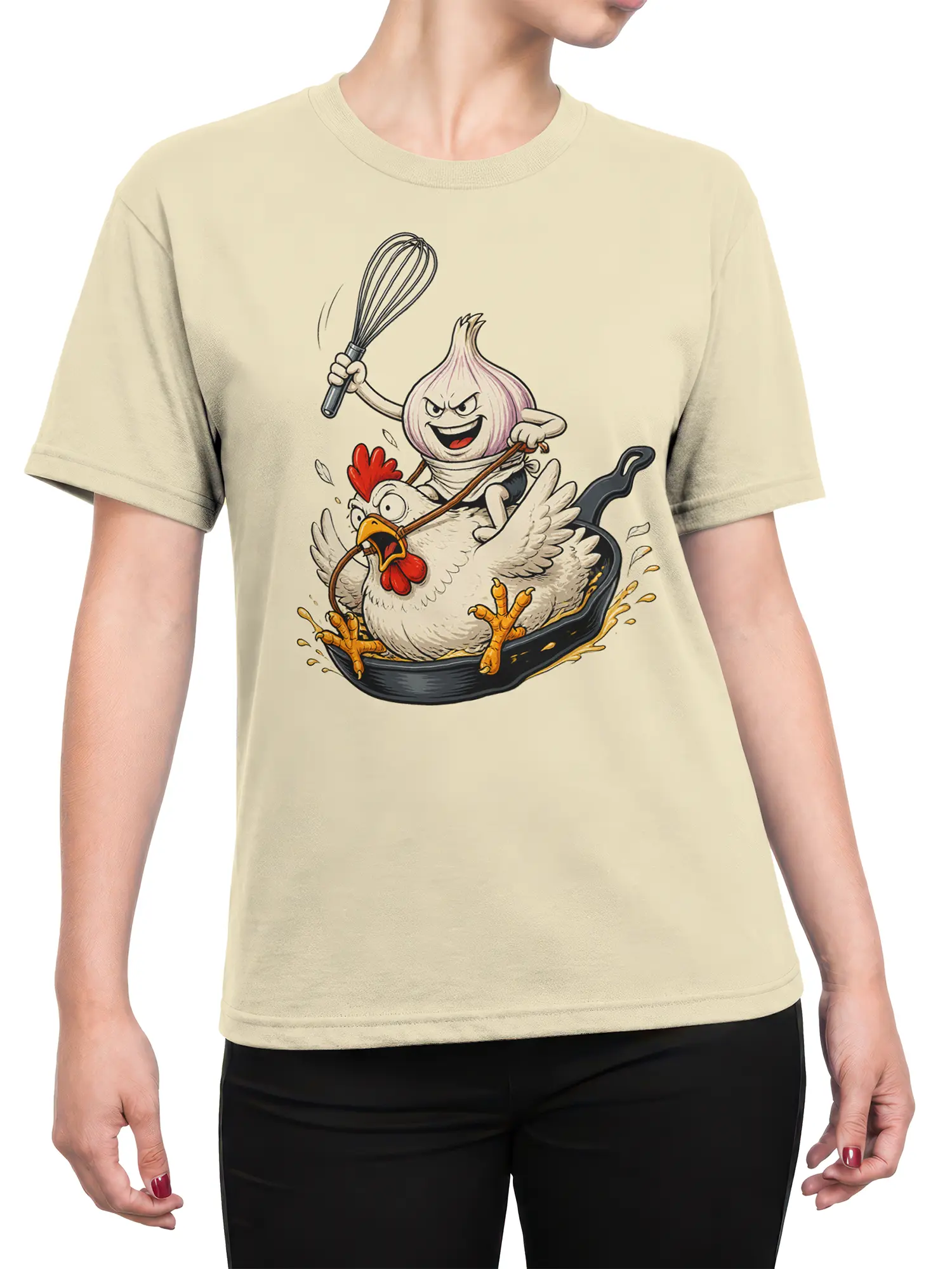 Female torso wearing a beige T-shirt with an onion riding a startled chicken in a frying pan