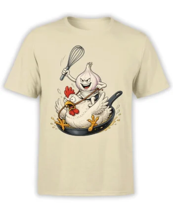 Beige T-shirt with a grinning onion holding a whisk while riding a startled chicken in a frying pan