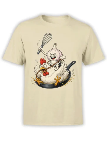 Beige T-shirt with a grinning onion holding a whisk while riding a startled chicken in a frying pan