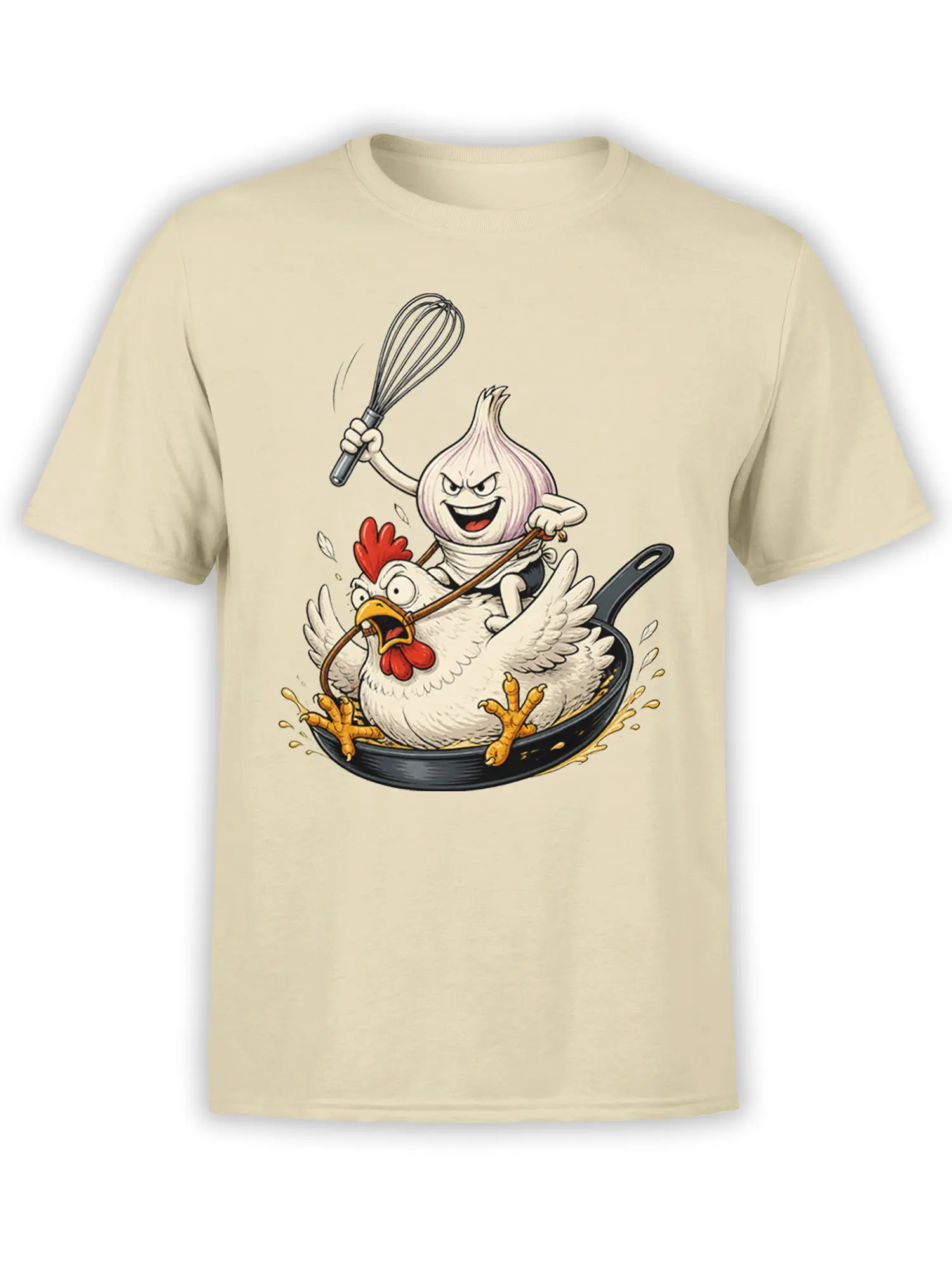 Beige T-shirt with a grinning onion holding a whisk while riding a startled chicken in a frying pan
