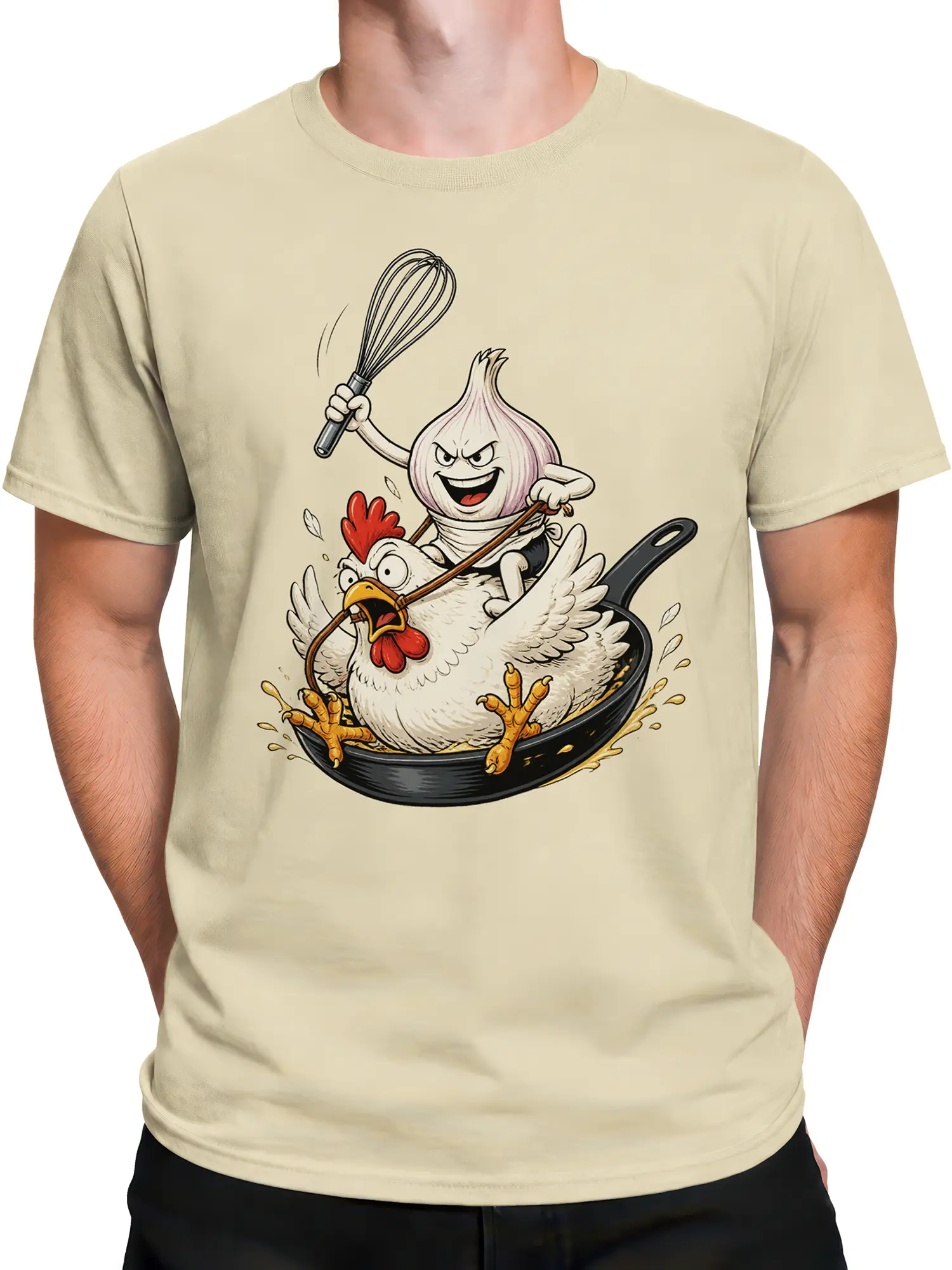 Male torso wearing a beige T-shirt with a funny onion and chicken cooking design