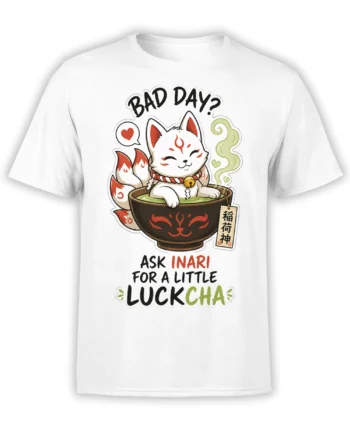 White Inari-inspired fox t-shirt with red markings, green accents, and a little luck message