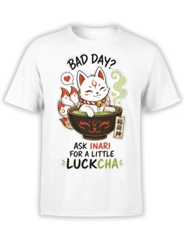 White Inari-inspired fox t-shirt with red markings, green accents, and a little luck message