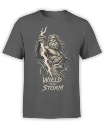 Gray T-shirt with a bearded storm deity, lightning bolt, eagle, and “WIELD THE STORM” graphic