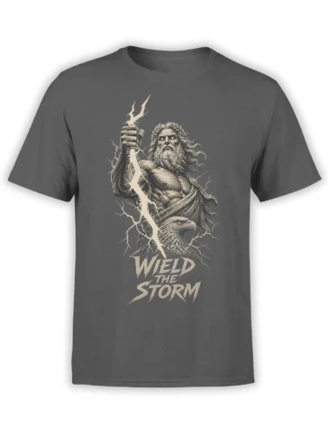 Gray T-shirt with a bearded storm deity, lightning bolt, eagle, and “WIELD THE STORM” graphic