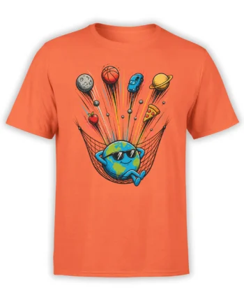 Orange T-shirt with a sunglasses-wearing Earth relaxing in a hammock beneath flying pizza, basketball, car, apple, and planet