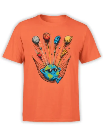 Orange T-shirt with a sunglasses-wearing Earth relaxing in a hammock beneath flying pizza, basketball, car, apple, and planet