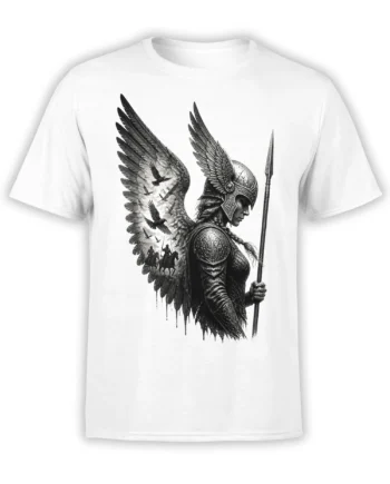 White T-shirt with a black-and-white winged female warrior holding a spear and surrounded by birds
