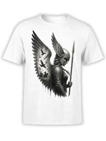 White T-shirt with a black-and-white winged female warrior holding a spear and surrounded by birds